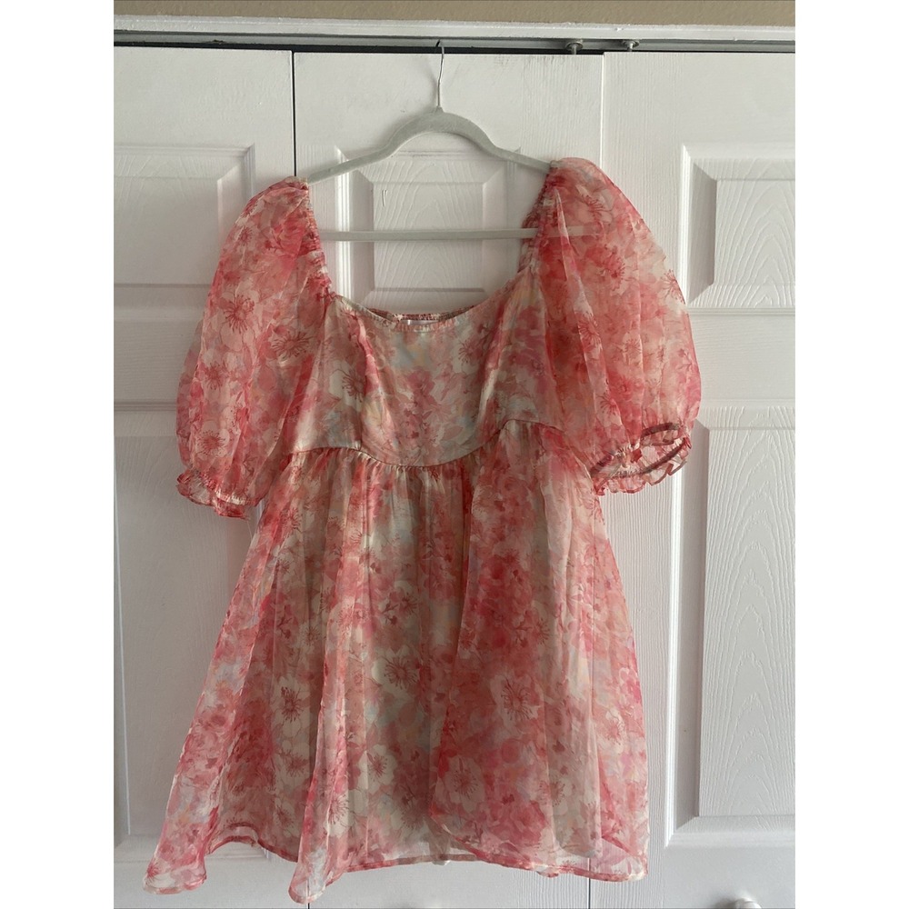 Audrey Parks Francesca's Floral Puff Sleeve Babydoll Dress Womens Size M Pink